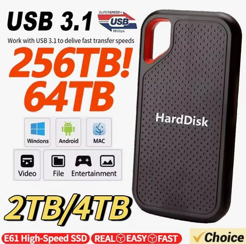 Portable SSD Drive 1TB High Speed Hard Drive 1/2/4/8/16TB-128TB External Hard Disk
